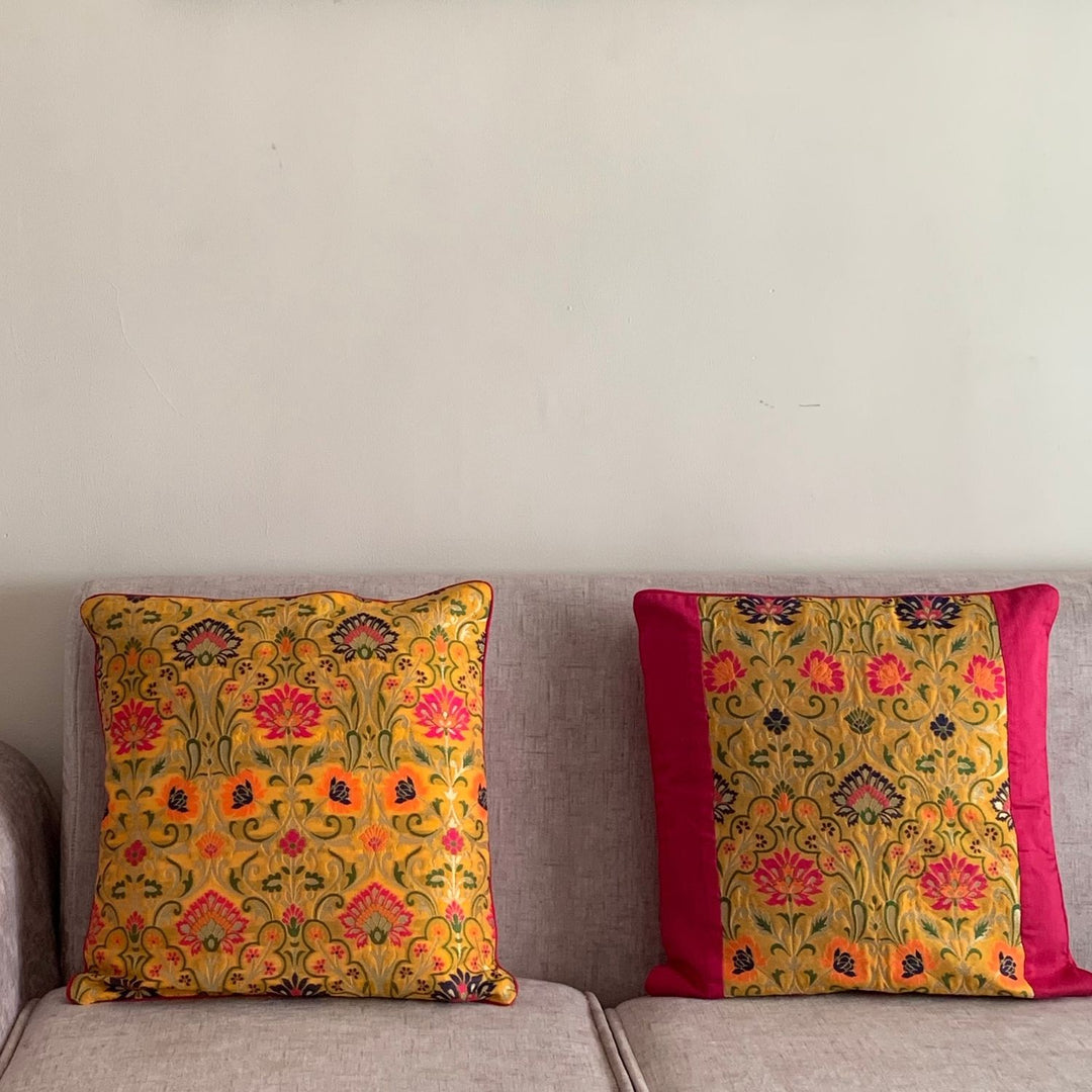 Mustard Yellow Banarasi Cushion Cover | Meenakari Design | 16" x 16"