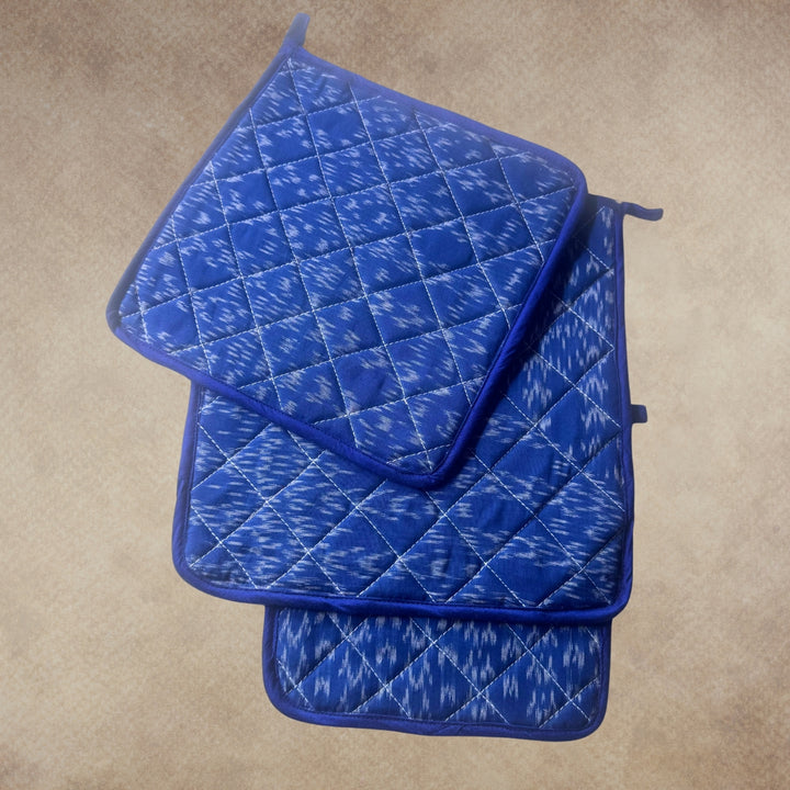 Blue Ikat Quilted Pot Holders | Hand-Crafted Kitchen Linen | Set of 3