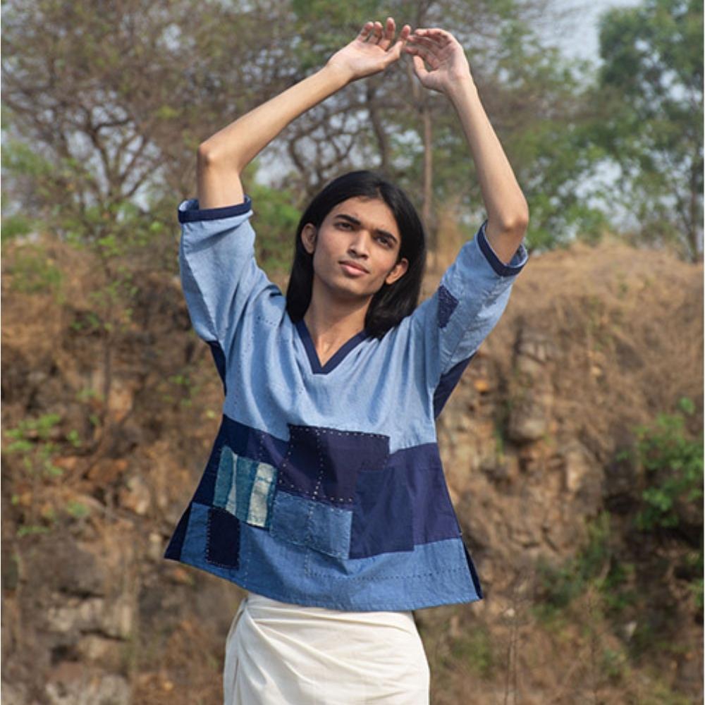 Indigo Patched Classic V Neck Top | Colour Block | Monochrmome Look | Hand-Crafted