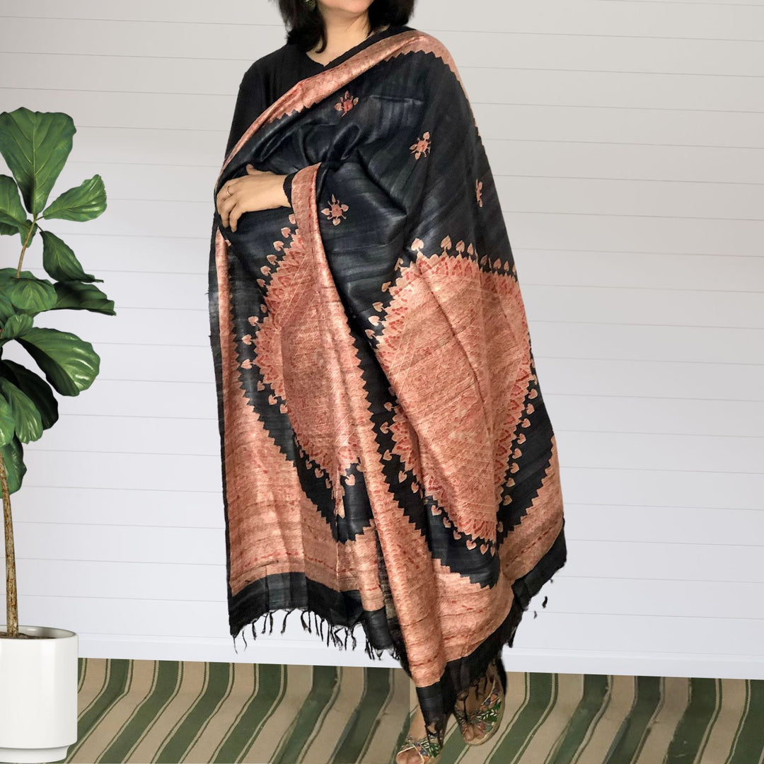 Agalya Madhubani Painted Tussar Dupatta | Artistic | Statement Drape | Black