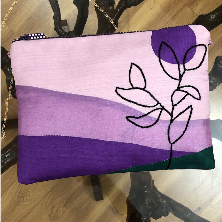 Purple Tussar Sling-cum-Clutch Bag | Floral Hand-Embroidered