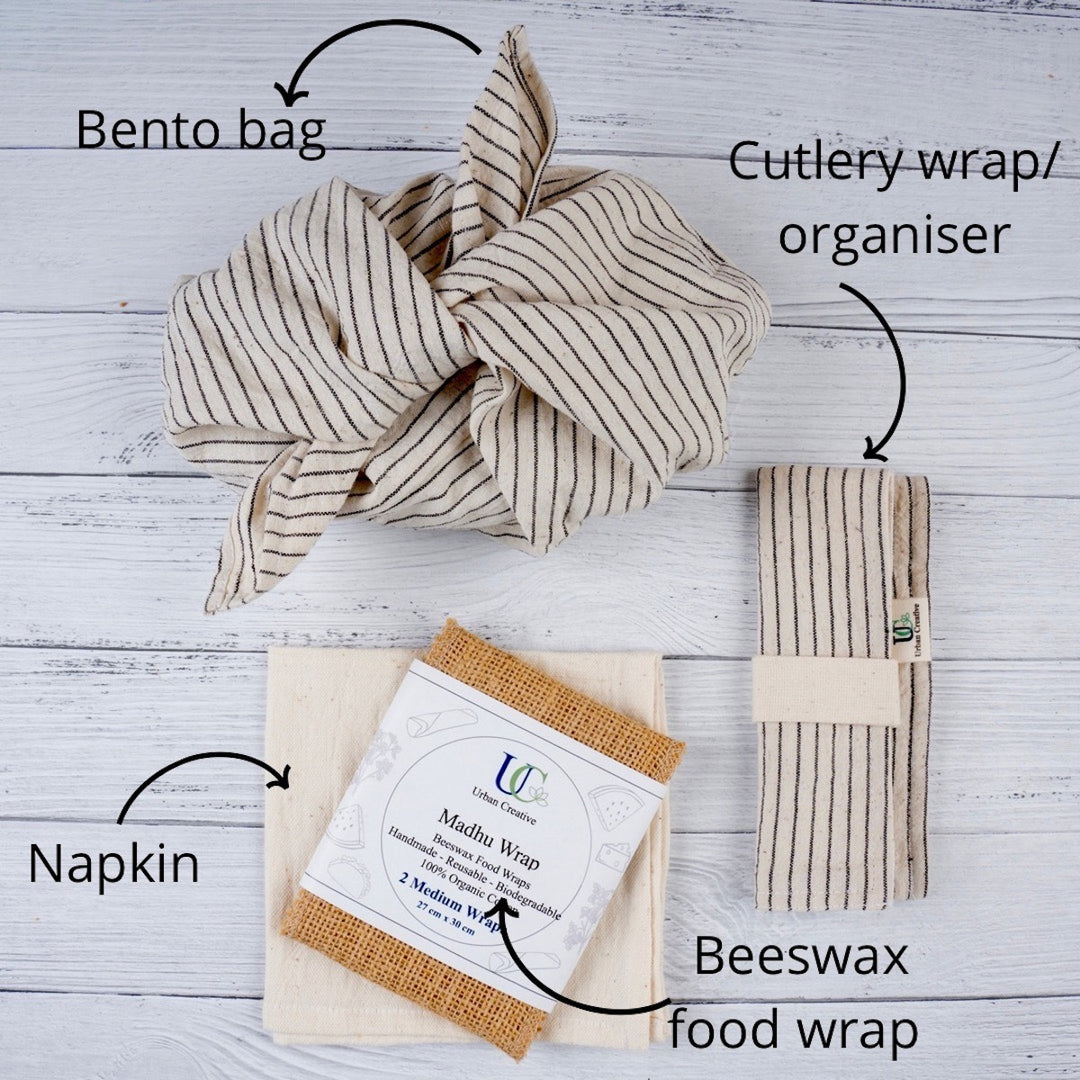 Zero Waste Travel Kit | Bento Bag, Napkin, Beeswax Food Wrap And Cutlery Wrap  | Gift Set of 4 