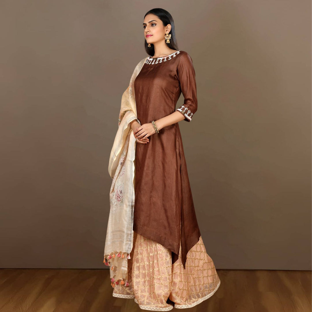 Akhila Asymmetric Tussar Sharara Set | Embellished | Chocolate Brown & Peach