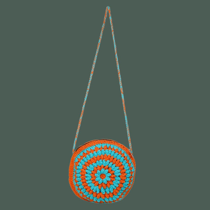 Cherry Round Mini Sling Bag | Hand-Crochet | Cotton Yarn | Rust & Turquoise