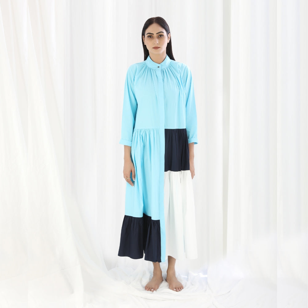 Colour Block Maxi Tier Dress | Made of Hand Woven Cotton | Cyan Navy White