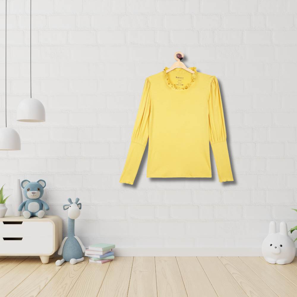 Girls Yellow Ruffled Neck Top | Bamboo Fabric | Organic | Casual | Kids Active Wear