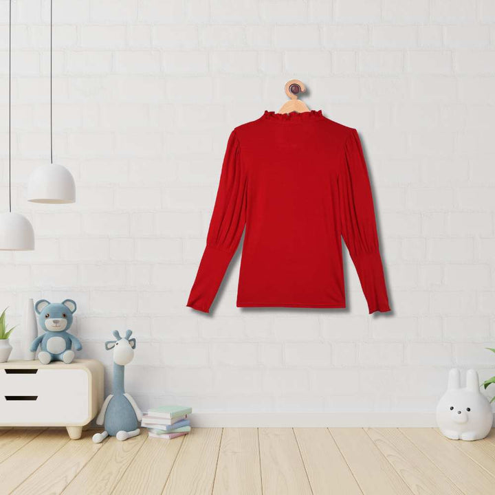 Girls Red Ruffled Neck Top | Bamboo Fabric | Organic | Casual | Kids Active Wear