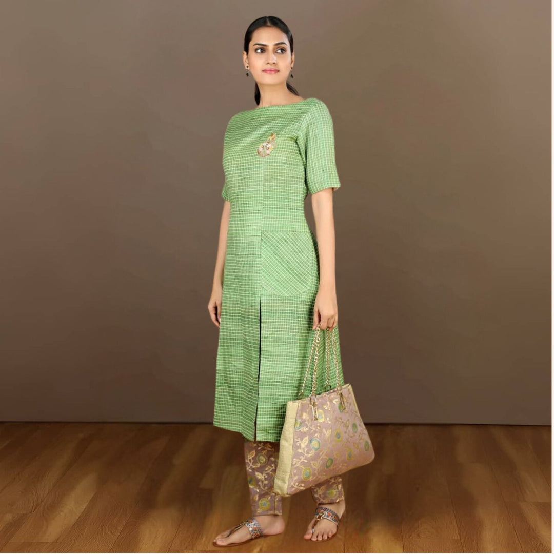 Lakshanya Tussar Ghicha Checkered Kurta Pant Set | Embroidered | Effortless Style