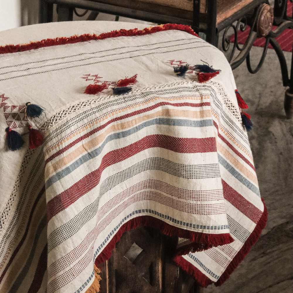 Ivory and Red Organic Cotton Throw | Hand-Woven | 67" x 47"