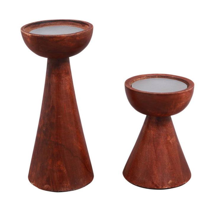 Wood Conical Candle Holder | Table Top Accent | Festive Decor | Hand-Made | Walnut Brown | 8"