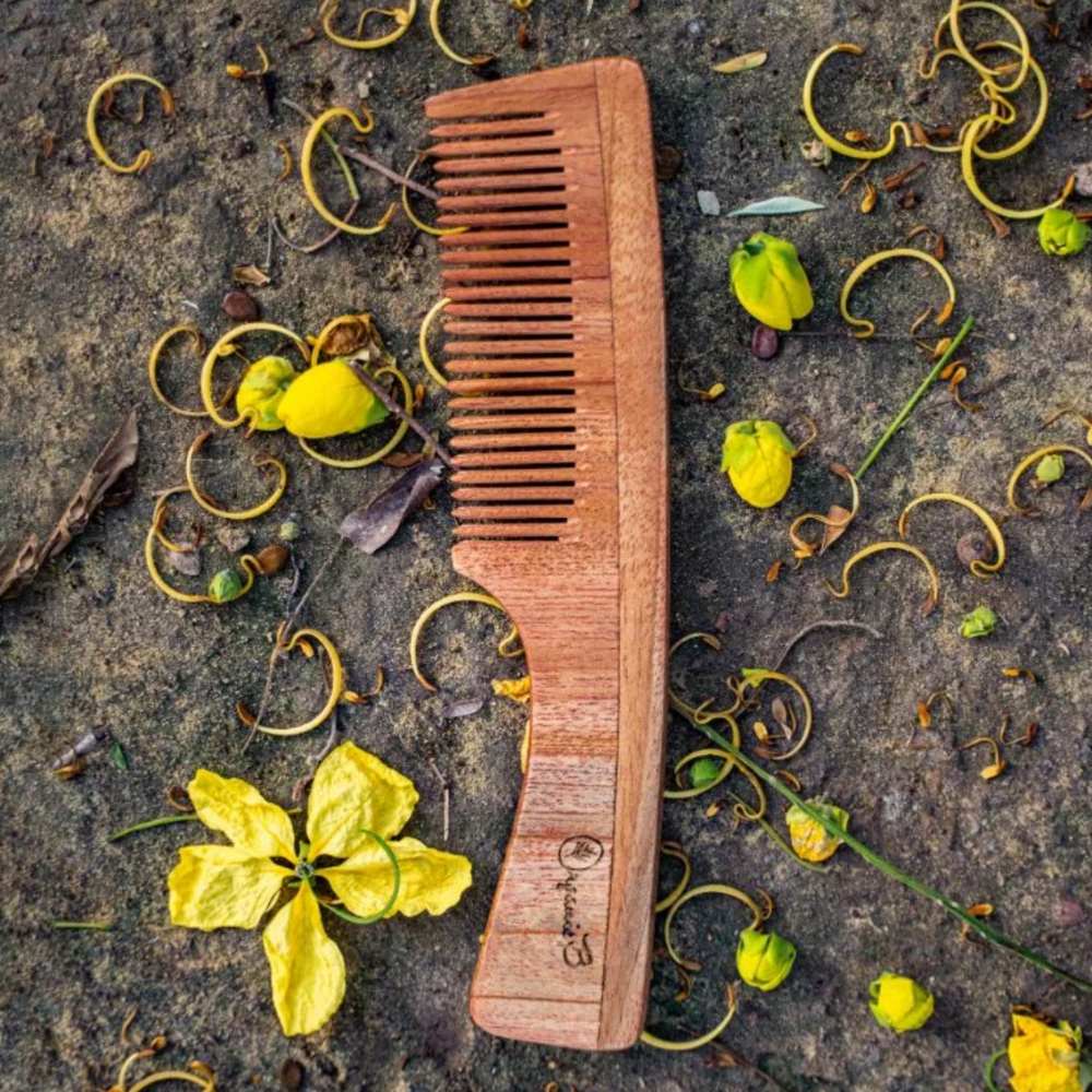 Neem Wood Wide Teeth Comb With Handle