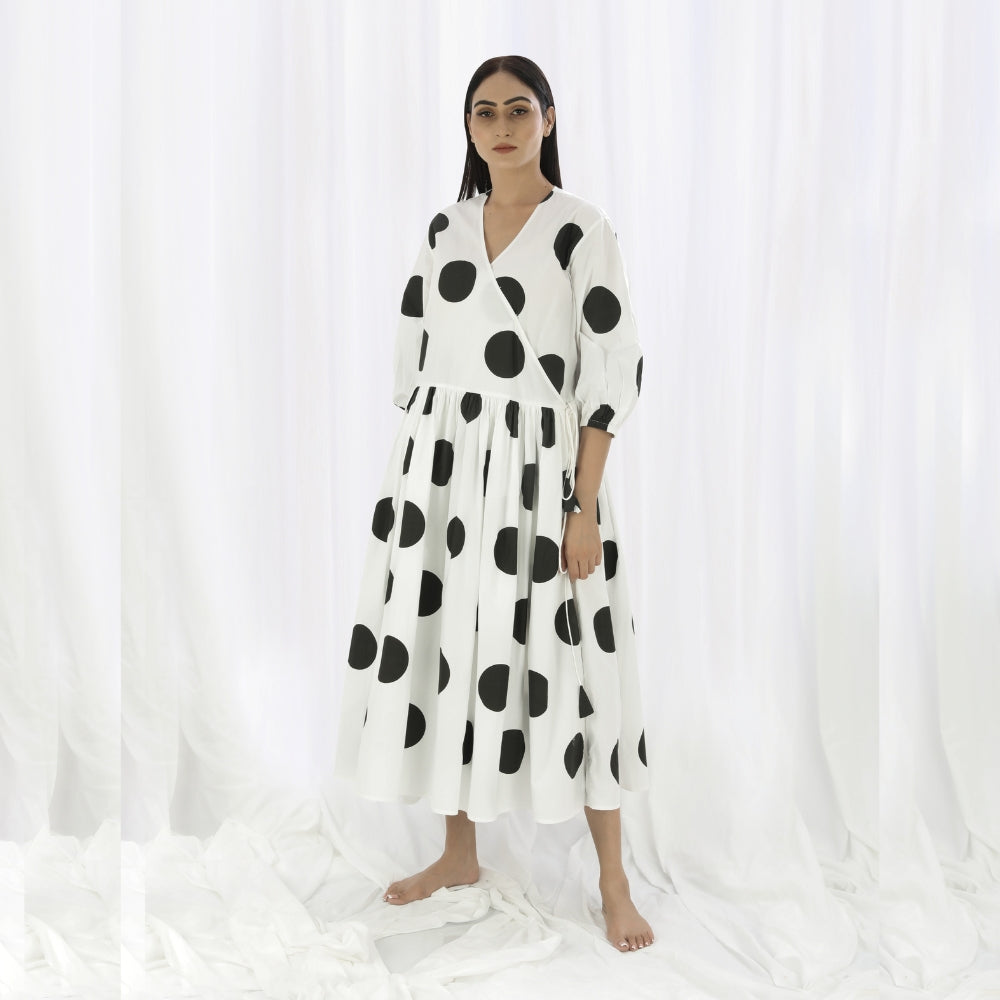 Overlapping Comfy Dress | Exuding Femininity in White & Black Polka Print