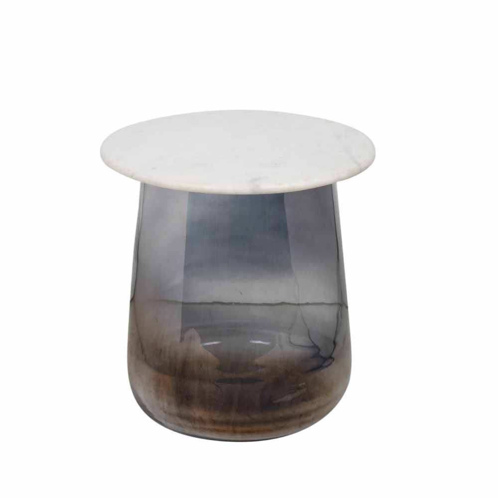 Marble Top Side Table In Round With Smokey Glass Bottom | Modern Accent Table | 16 Inches Tall