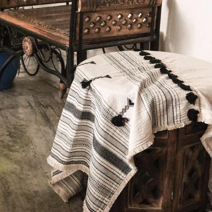 Ivory & Black Organic Cotton Throw | Hand-Woven | 62" x 47"