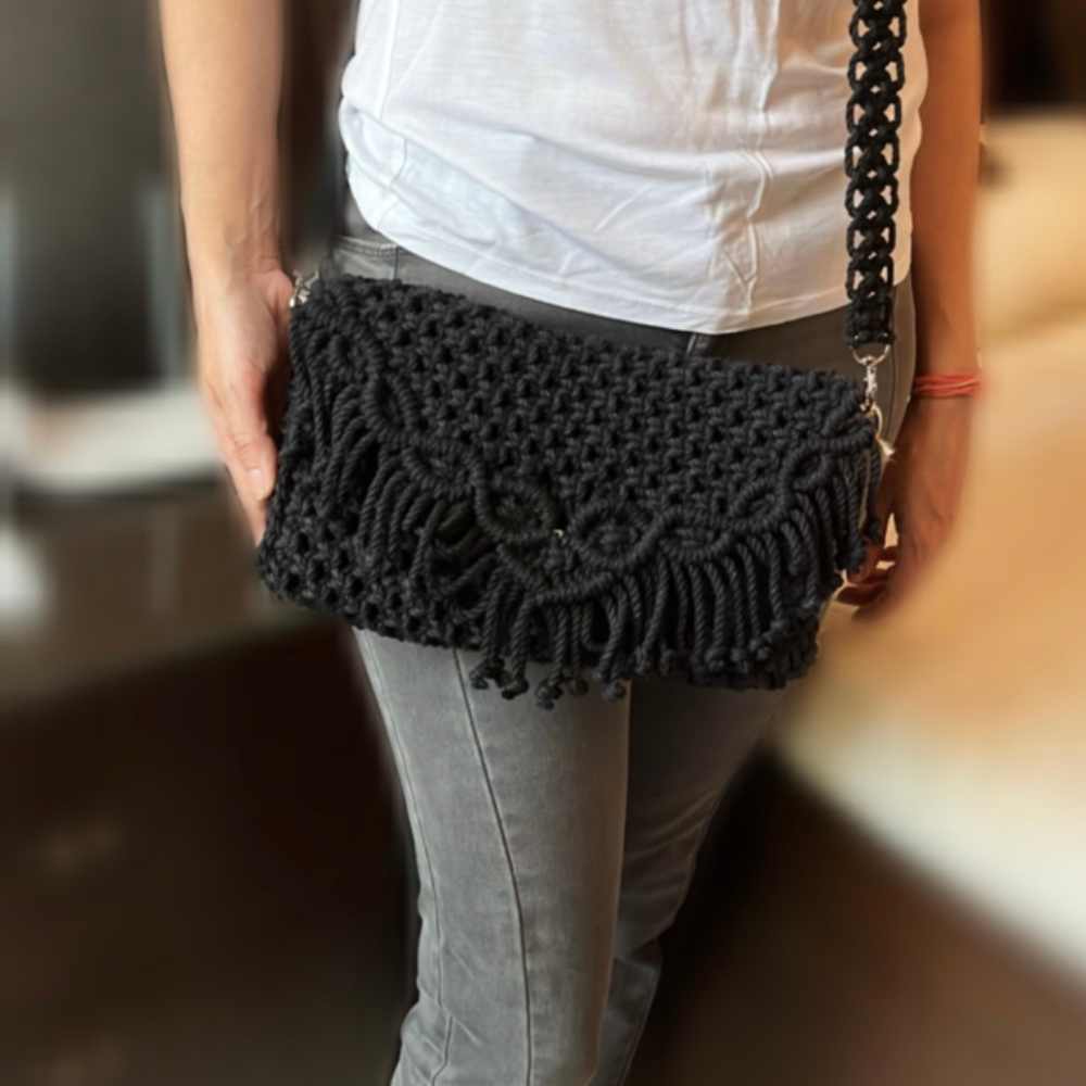 Bohemian Style Hand-Crafted Sling Bag | Conveniently Stylish | Macrame | Natural Cotton | Black