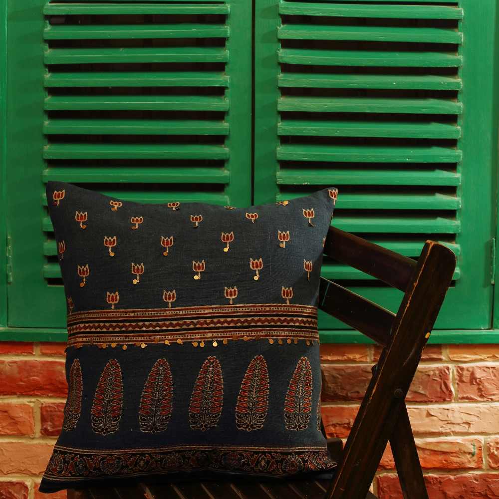 Indigo Green Lumbar Cushion Cover | Ajrakh Hand-Block Print Cotton | 18"x18"