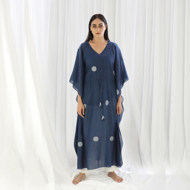 Women Kaftan Dress | Hand Crafted | Cotton | Super Elegant | Navy | Polka Print