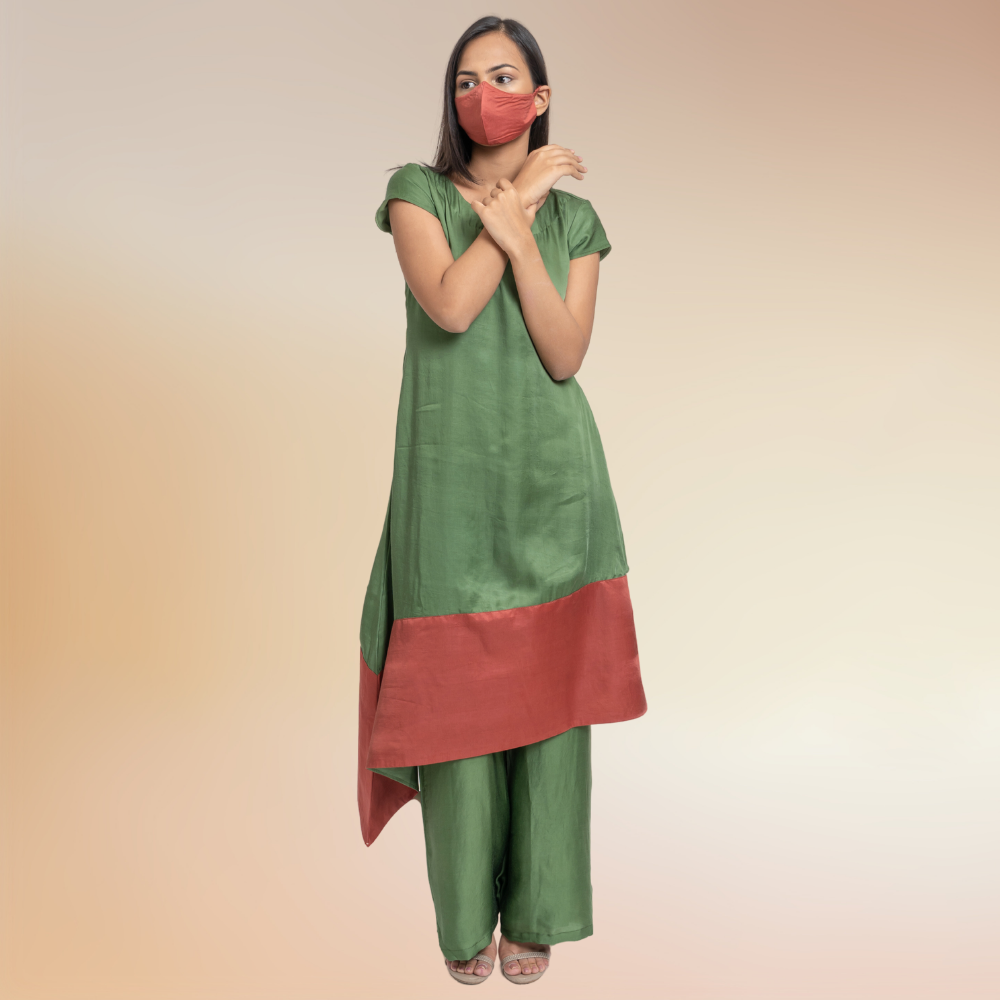 Olive Green Set | Co-ord | Kurta Set | Bemberg Modal Silk | Olive Green And Crimson