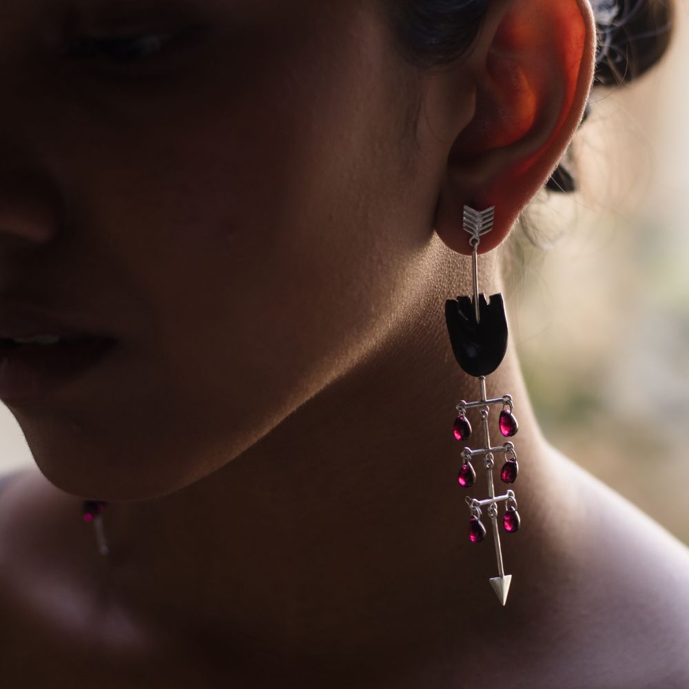 Black Ear Dangler | Hand-Carved | Black Onyx Gem with Garnet | Sterling Silver Base