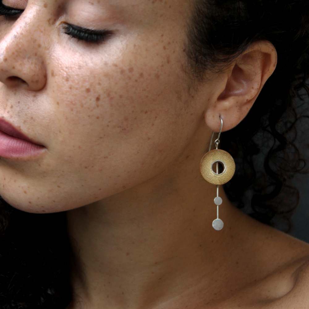 Rhea Gold Two Dot Fall Earrings | Hand- Crafted | 92.5 Silver & Gold Plated Recycled Brass & Bamboo