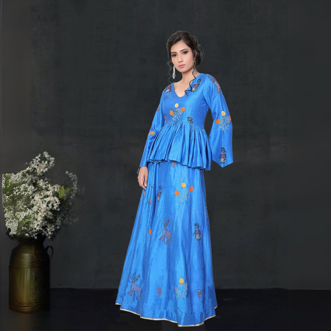 Ziva Tussar Silk Lehenga Set | Sujani Embroidered | Hand Crafted | Cobalt Blue