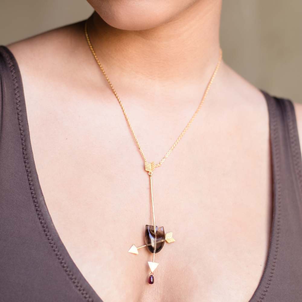 Brown Pendant | Hand Carved Cupid Design | Smoky Quartz Gemstone with Garnet & Silver