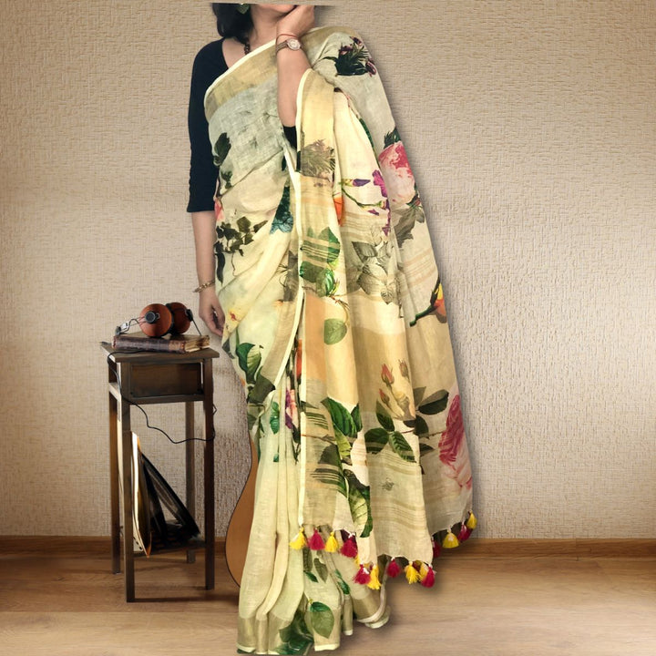 Pastel Green Floral Linen Saree | Refreshing and Vibrant | Delicate | Stylish