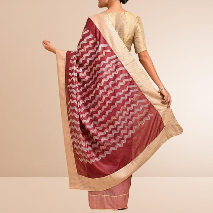 Maroon and Peach Half & Half Designer Saree | Classic Sujani Craft On Tussar Silk Base | Smart Chevron  Motif | Gota Work 