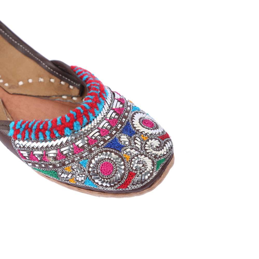 Cherry Brown Women Jutti | Mukaish Work | Festive | Wedding | Multi Colour