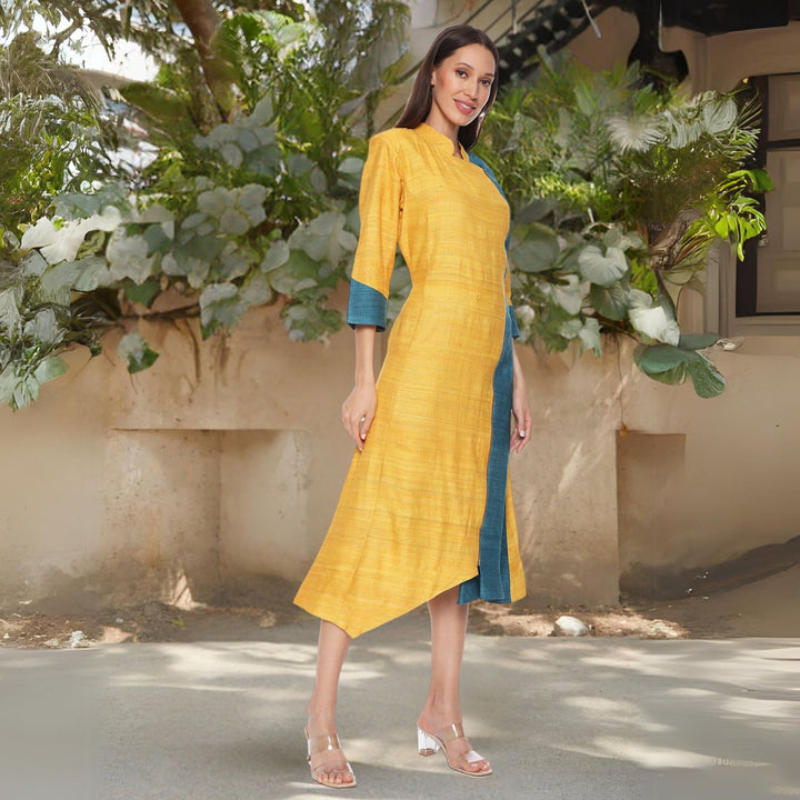 Leticia Vibrant Neck Collar Tunic  Dress| Uber Chic | Minimalistic Stylish | Yellow & Blue