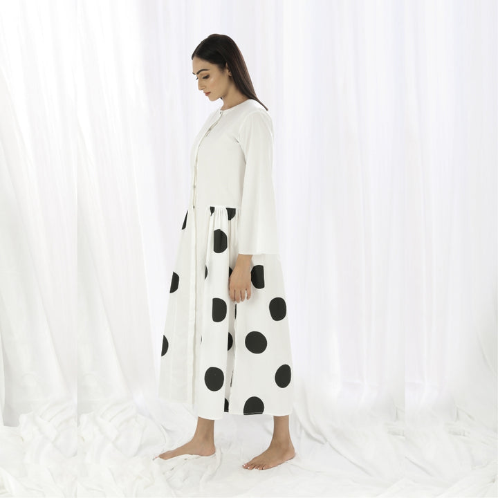 Women Gather Dress | White And Black Polka Print | Smart Casual Resort Wear 