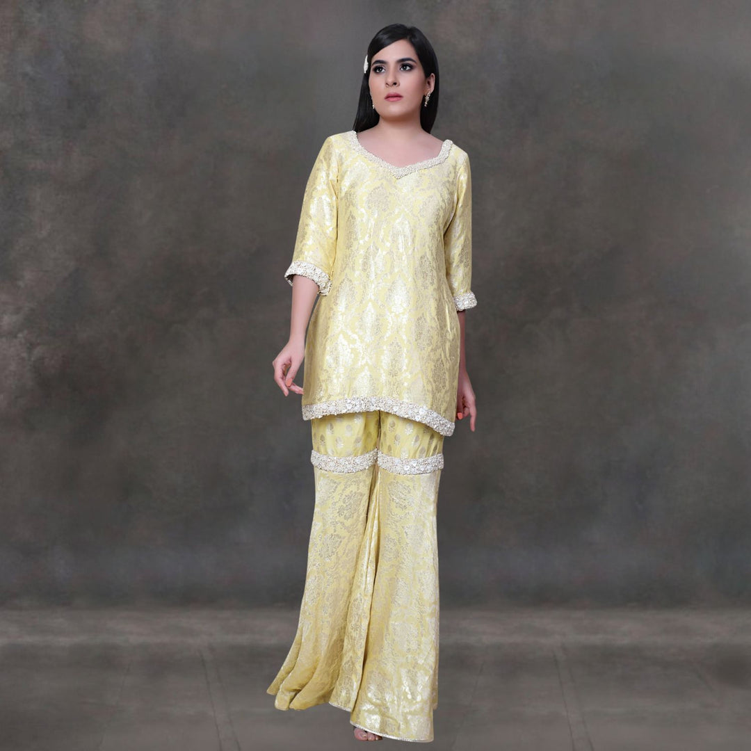 Naira Banarasi Kurta Gharara Set | Hand-Embellished | Graceful | Lemon Yellow & Fuchsia