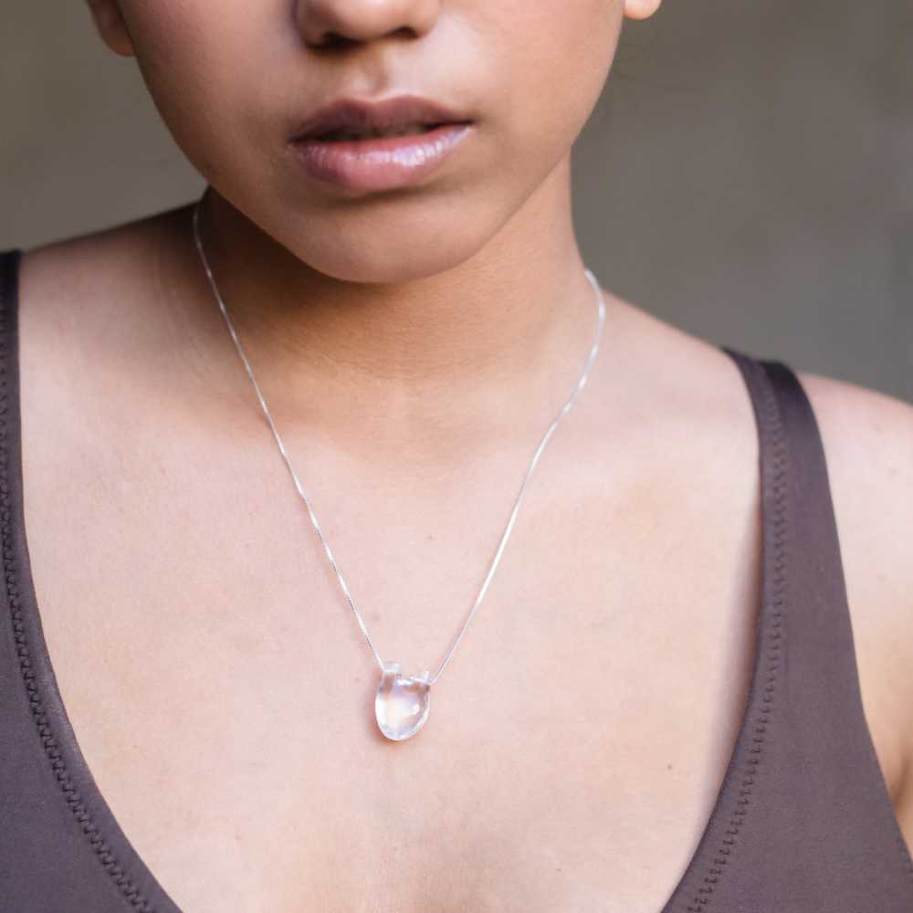 Pinkish White Pendant | Subtle Design Heart Veins | Hand Carved Crystal Quartz in 925 Silver