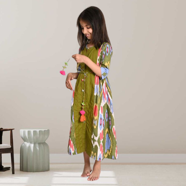 Peasent Ikat Dress | Girls | Cotton | Green