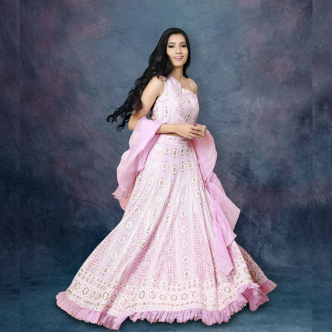 Libasa Elegant Lucknowi Lehenga Set | Ruffled Dupatta | One-Shoulder Blouse | Lilac