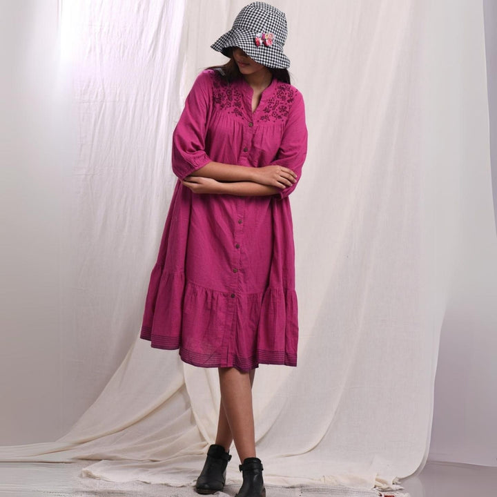 Orchid Flared Dress | Hand-Embroidered | Cotton Muslin | Magenta