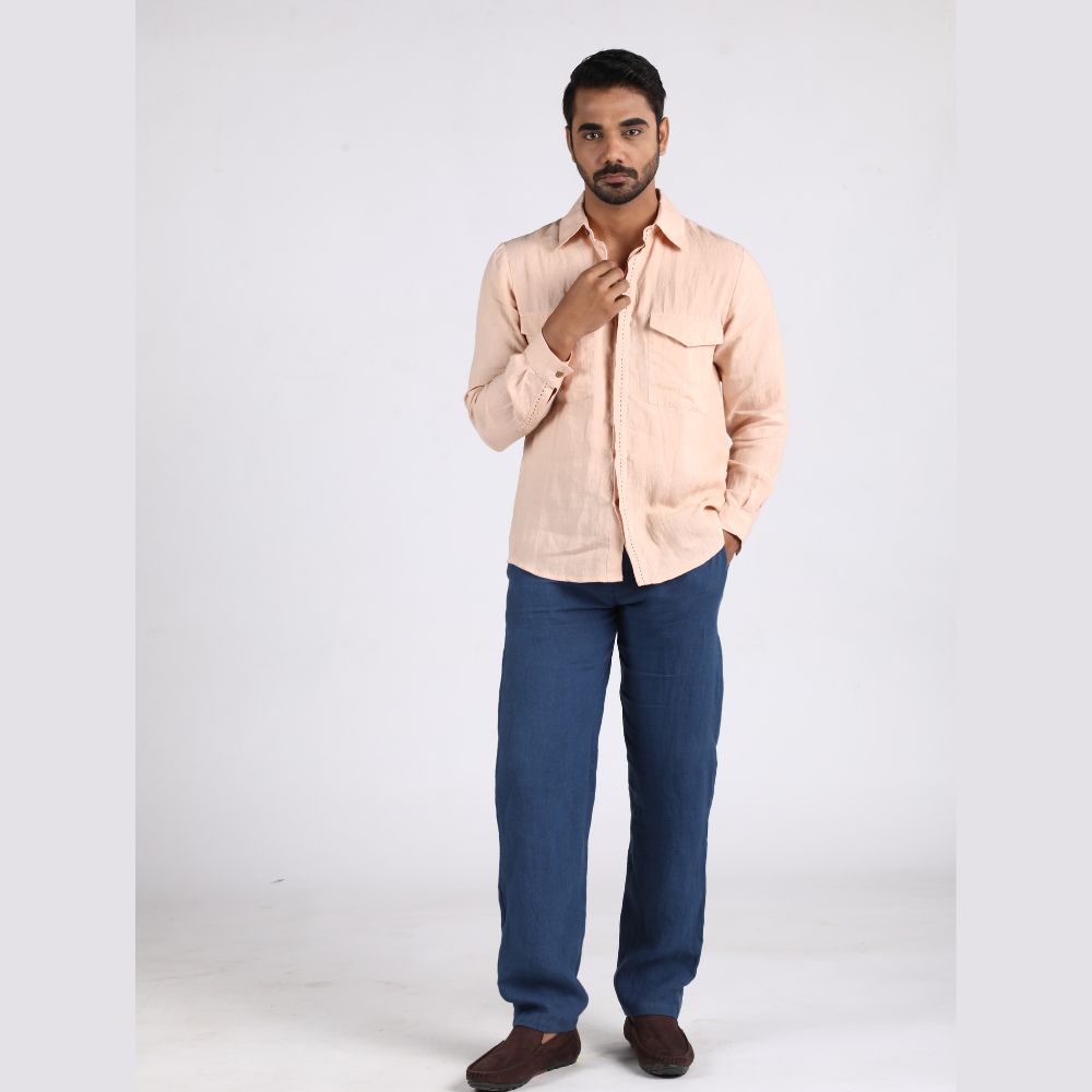 Peach Shirt With Kantha Embroidery | European Linen | Eco-Friendly