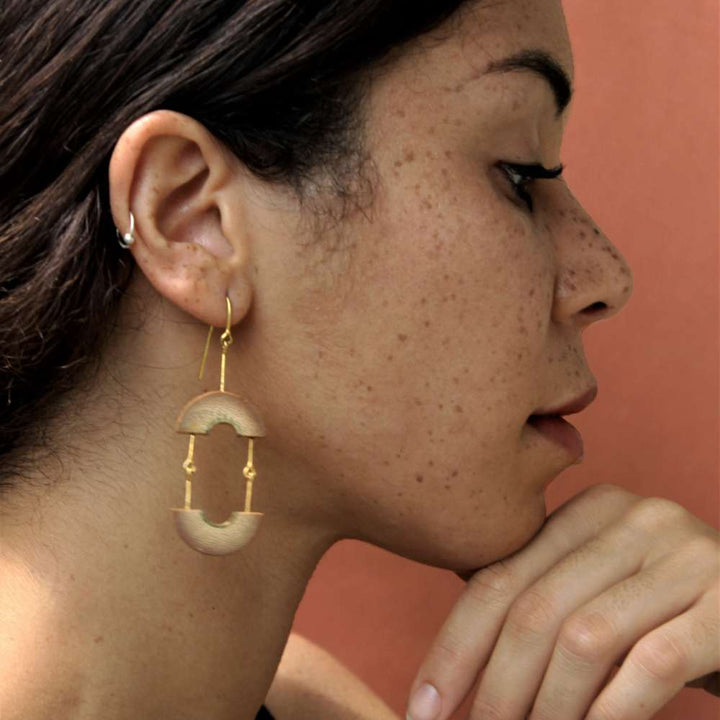 Dangling Arc Ear Rings | Sustainably Made of Gold Plated Recycled Brass | Bamboo Base