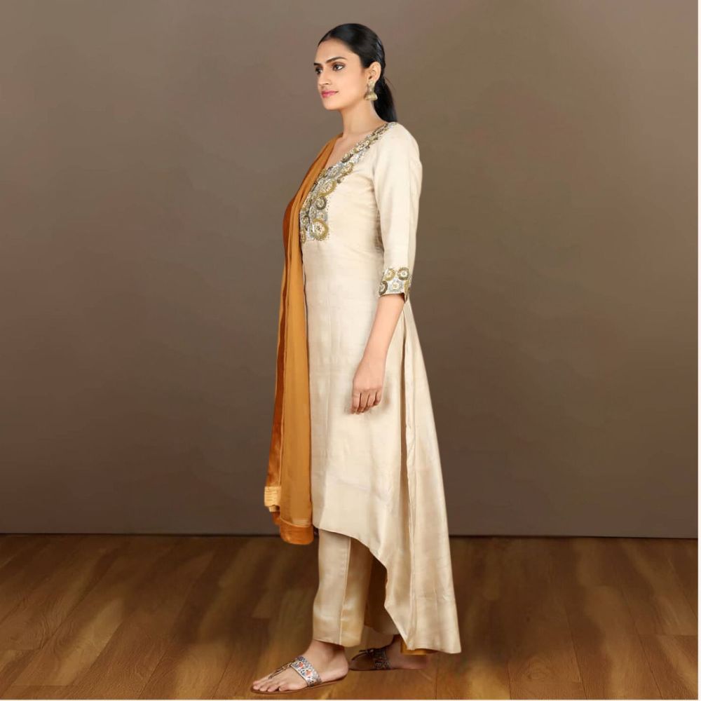 Aira Asymmetric Desi Tussar Kurta Set | Embroidered | Sophisticated | Festive | Beige