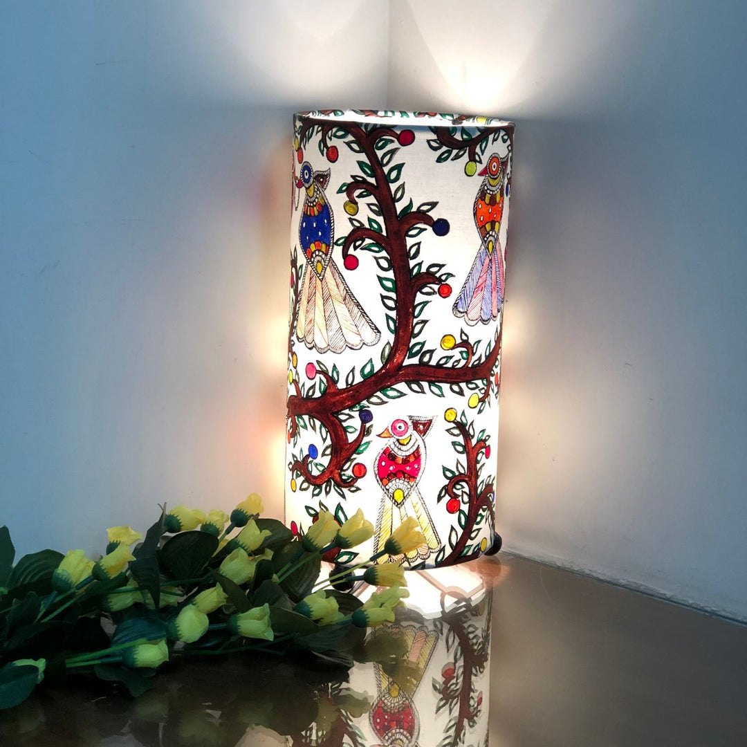 Madhubani Hand-painted Birds Cylindrical Table Lamp | 12 X 6 Inch