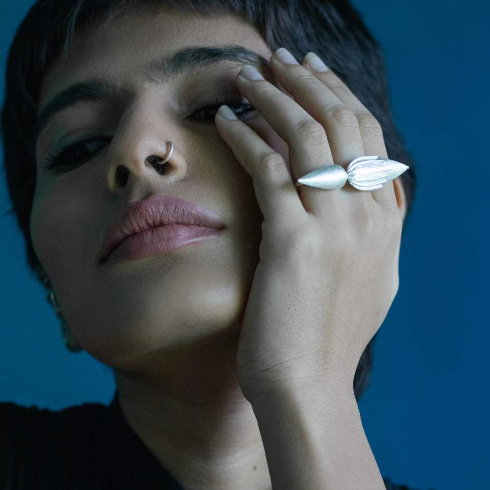 Pure Silver Finger Ring Designed with Lined And Plain Petals | For Contemporary Traditionalist