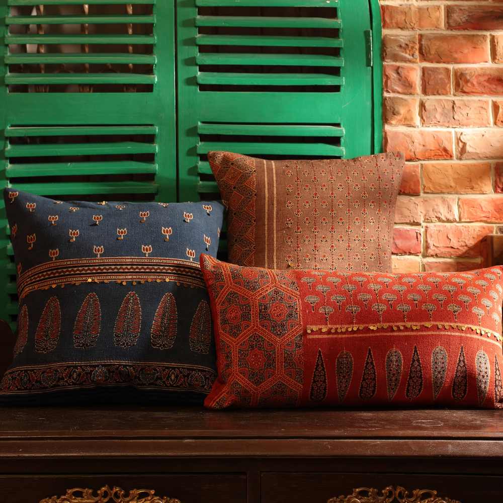 Ajrakh Cotton Cushion Cover  | Hand-Block Printed | 16" x 16"