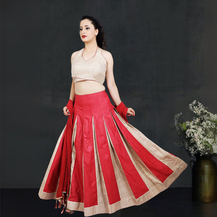 Urvi Tussar Panelled Lehenga Set | Halter Neck Blouse |  Modern Twist | Red & Beige