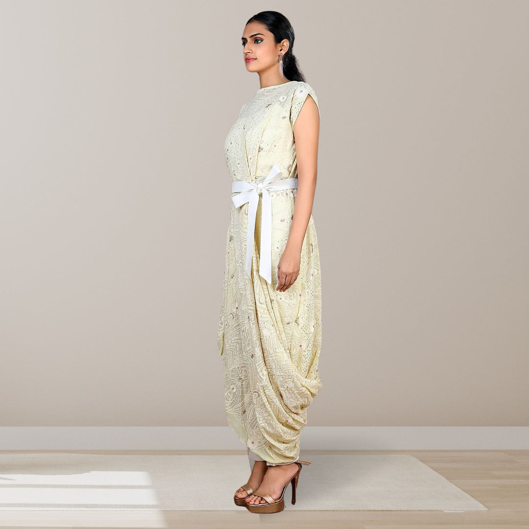 Tarifa Lucknowi Co-ord Set | Embellished | Lemon Yellow & White