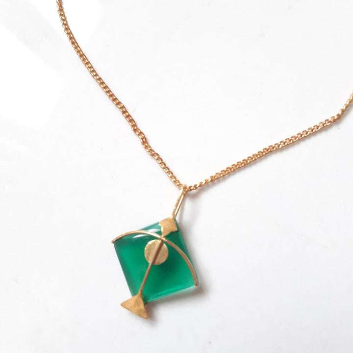 Green Pendant | Kite Designed | Hand Cut | Made of Green Onyx And Gold Plated 925 Silver