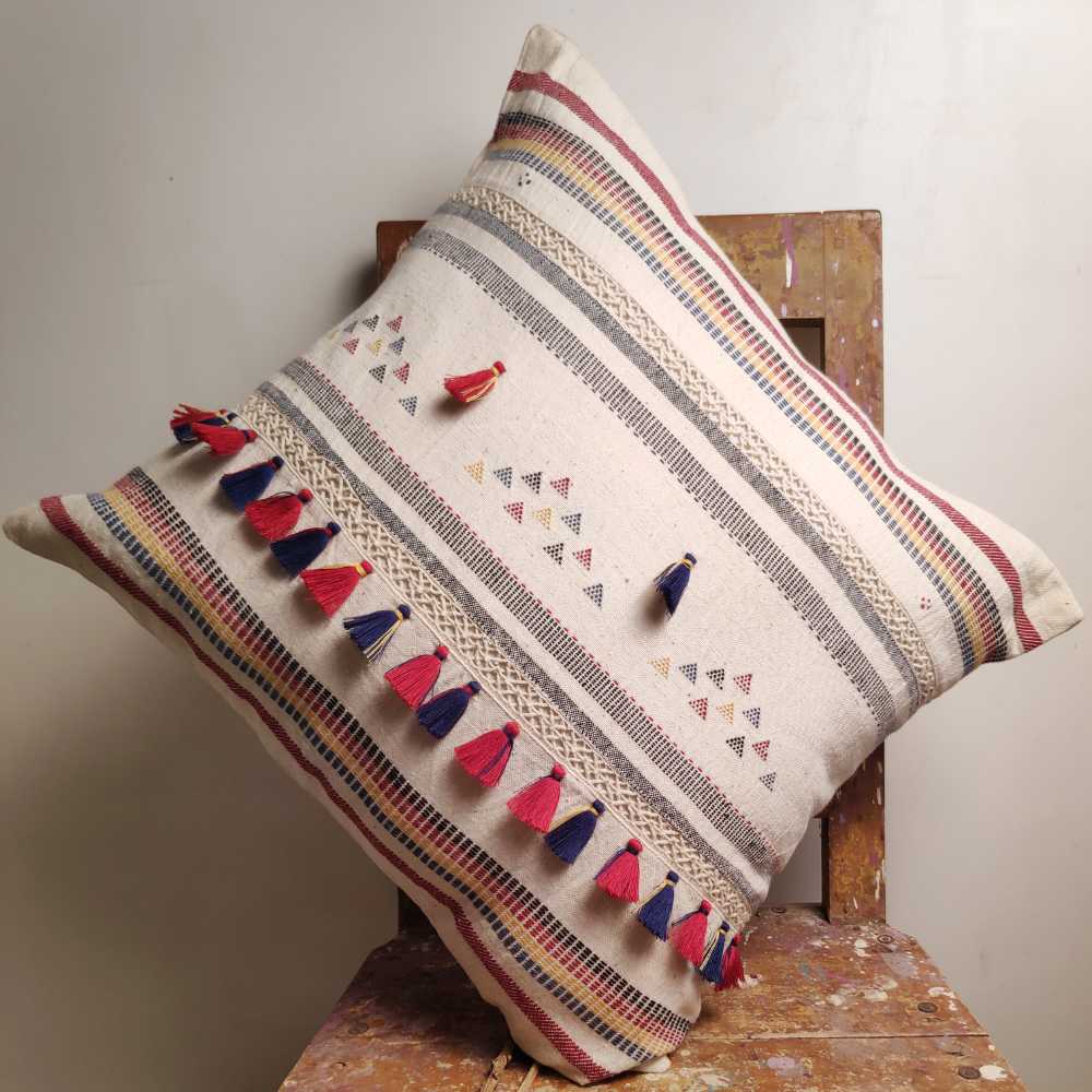 Cushion Cover | Multi Colour Stripe Weave on Ivory | Tassels | Ethnic Home Decor | 18"x18"