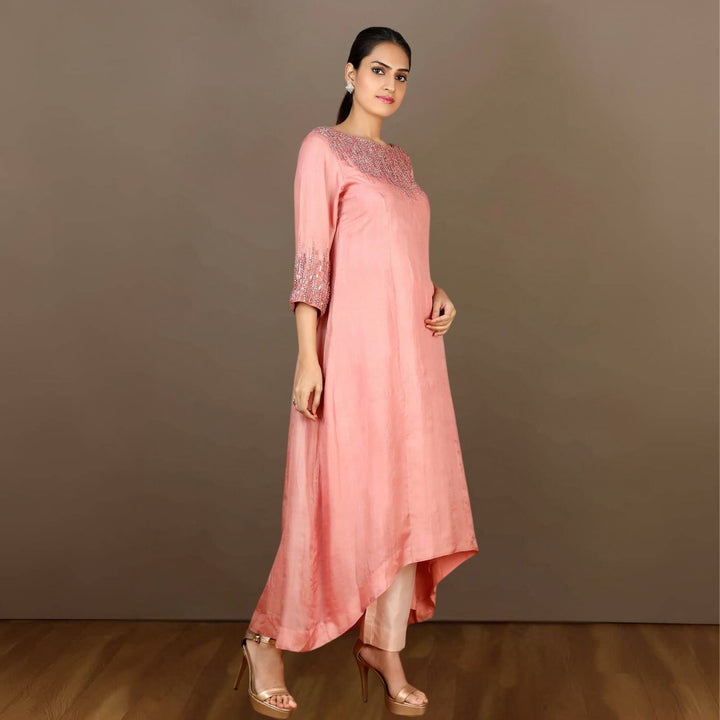 Advika Tussar Kurta Pant Set | Sequin Embellished | Effortless Style | Watermelon Pink