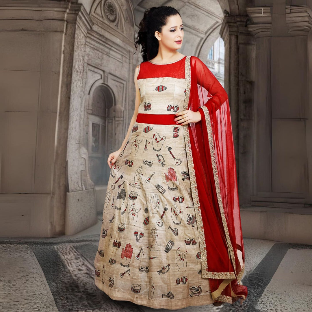 Swarali Tussar Silk Gown | Madhubani Hand-Painted | Vibrant | Artistic | Scarlet & Beige