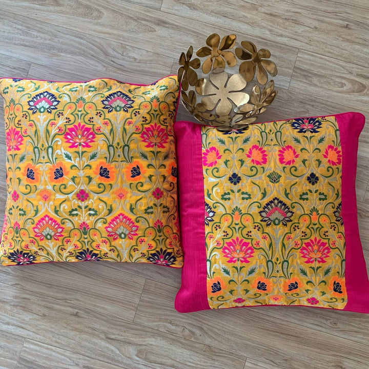 Mustard Yellow Banarasi Cushion Cover | Meenakari Design | 16" x 16"