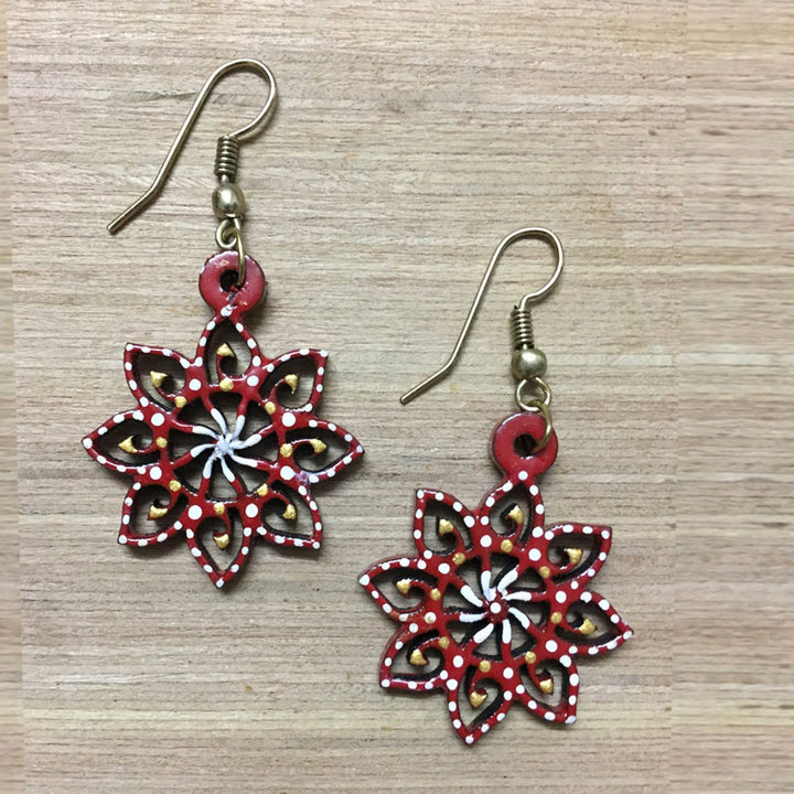 Red Flower  Tikuli Art Drop Earrings | Artistic | Rustic Jewelry | Everyday Wear